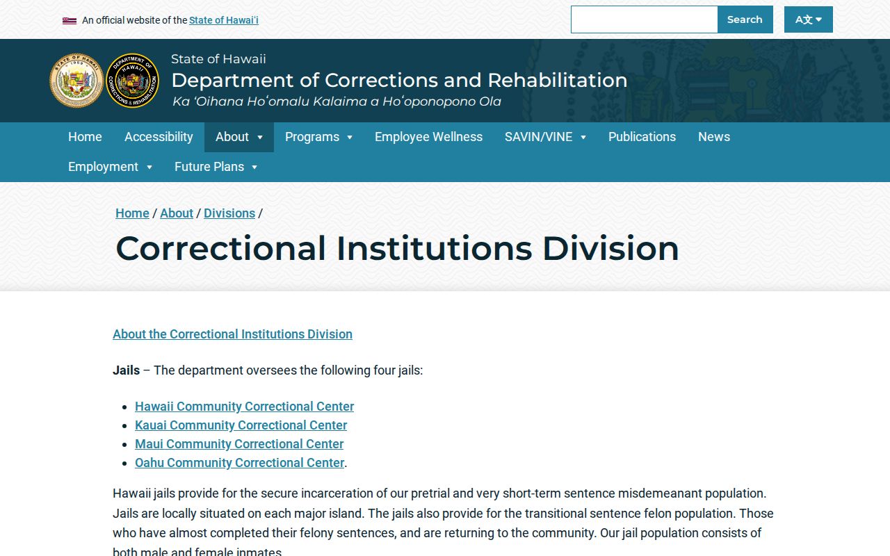 Hawaii release facilities and correctional institutions list